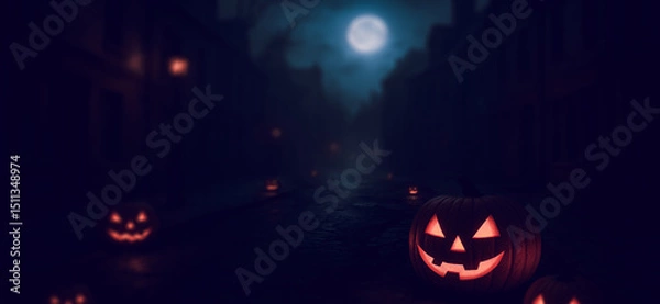 Fototapeta Glowing spooky pumpkins placed along a chilly cemetery trail leading to an haunted chapel beneath a full moon, with bats gliding in a ghostly October night.