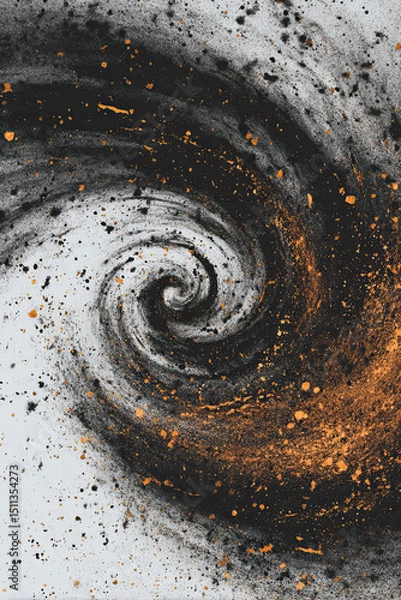 Fototapeta Abstract swirl of black ash and orange dust creates dynamic, energetic spiral on white background