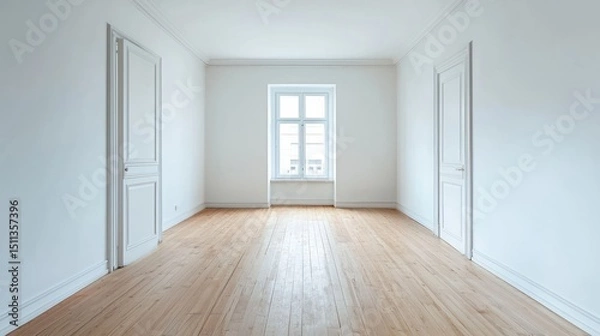 Fototapeta A spacious, well-lit room with white walls and hardwood floors, featuring a large window with a white frame and a white door on the left side.