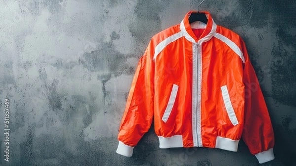 Fototapeta A bright orange and white jacket hanging on a hook against a textured concrete wall.