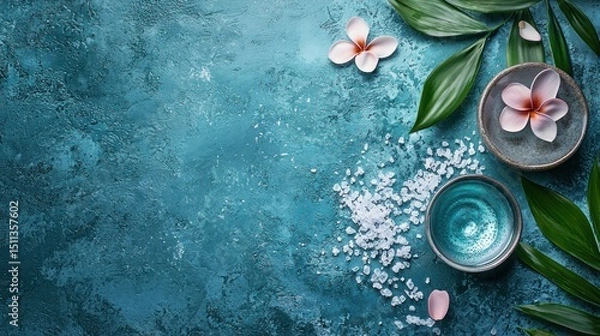 Fototapeta A serene, tranquil scene featuring a single pink flower with green leaves on a blue-green textured background