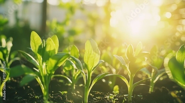 Fototapeta A vibrant green plant with a sunlit background, showcasing the intricate details of the leaves and stems.