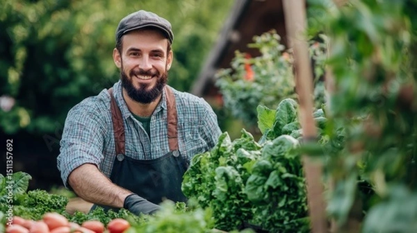 Fototapeta A smiling man in an apron standing in a garden, surrounded by fresh vegetables and herbs.