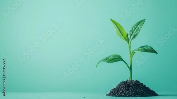 Fototapeta A green and red leafy plant growing from a pile of dark soil against a light green background.