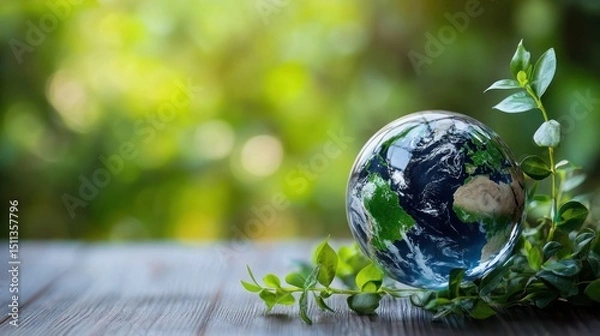 Fototapeta A globe with green leaves and a blue sky in the background.