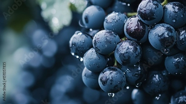 Fototapeta A close-up of a ripe, dark purple grape cluster with water droplets on it, set against a blurred green background.