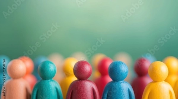 Fototapeta A group of colorful wooden figures standing in front of a green background.