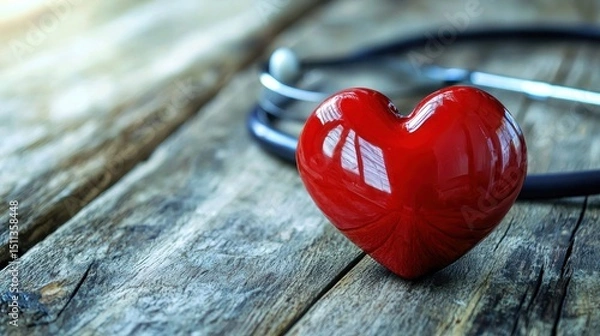 Fototapeta A red heart-shaped object placed on a wooden surface with a stethoscope in the background.