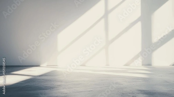 Fototapeta A white wall with large, rectangular windows casting shadows on it.