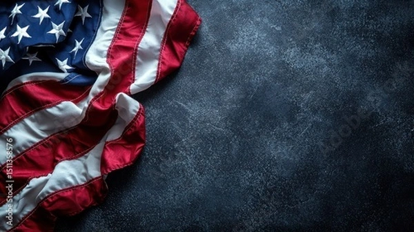 Fototapeta A United States flag with red, white, and blue stripes and stars on a dark, textured background