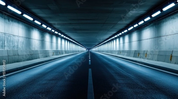 Fototapeta A long, dark tunnel with blue lights and a white wall on either side.