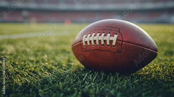 Fototapeta A football resting on a grass field with a stadium in the background.