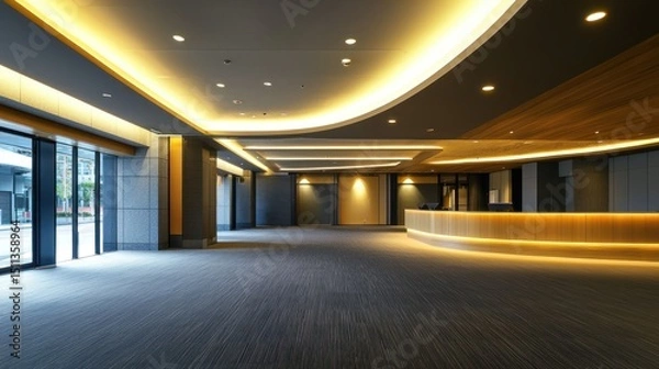 Fototapeta A spacious, modern office lobby with a curved ceiling, wooden paneling, and a sleek, minimalist design.