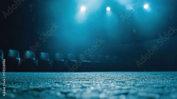 Fototapeta A dimly lit stage with blue lighting and a spotlight, featuring a row of empty chairs in the foreground and a blurred audience in the background.