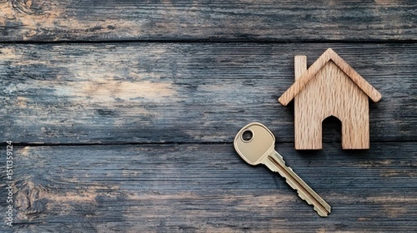 Fototapeta A wooden house model and a key on a wooden table