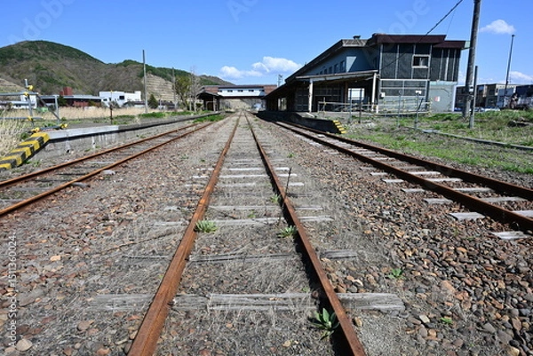 Obraz 錆びたレールが伸びる廃線駅構内