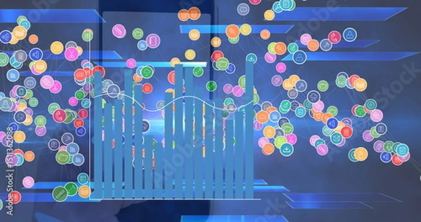 Obraz Image of network of digital icons and statistical data processing over smartphone with qr code