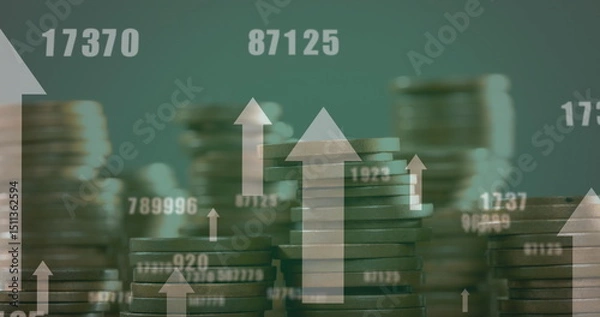 Obraz Image of arrows and numbers over stack of coins