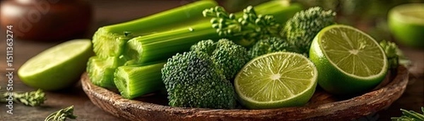 Fototapeta Alkaline foods for uric acid by remedy and metabolism balance concept. Fresh green vegetables like broccoli and lime on a wooden plate.