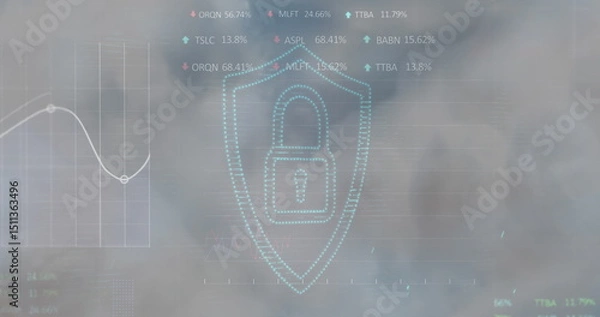 Obraz Security padlock icon and stock market data processing against clouds in the sky