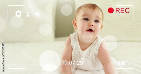 Obraz Image of falling dots over happy caucasian happy baby