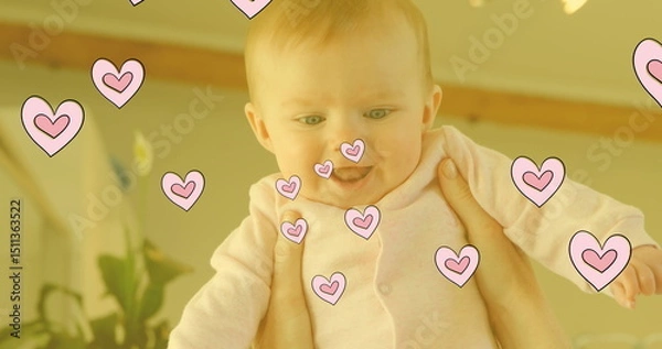 Obraz Image of falling hearts over happy caucasian happy baby