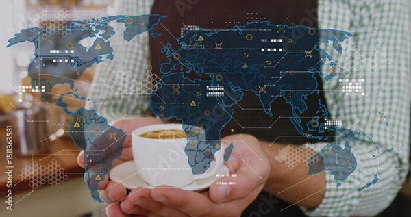 Obraz Image of data processing over hands holding cup of coffee