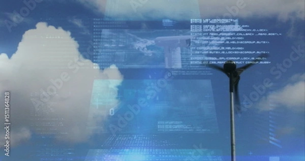 Fototapeta Image of financial data processing over electric windmill
