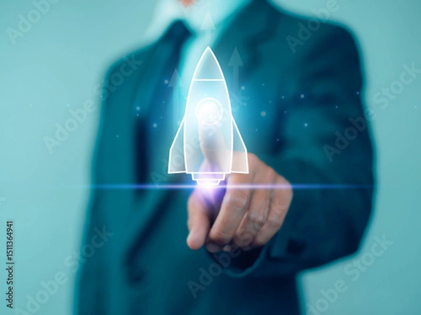 Fototapeta Startup business start-up with technology background as a rocket image conveying the idea of ​​launching a well-planned new business.	
  
