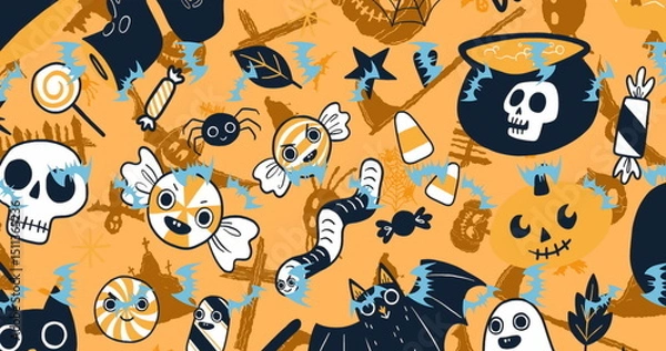Fototapeta Image of halloween icons on orange background