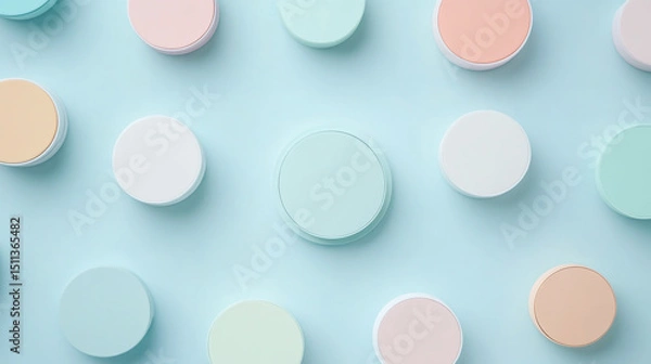 Fototapeta Flat lay of pastel-colored cosmetic round boxes on a light blue background, top view. Background for product presentation in an e-commerce concept.
