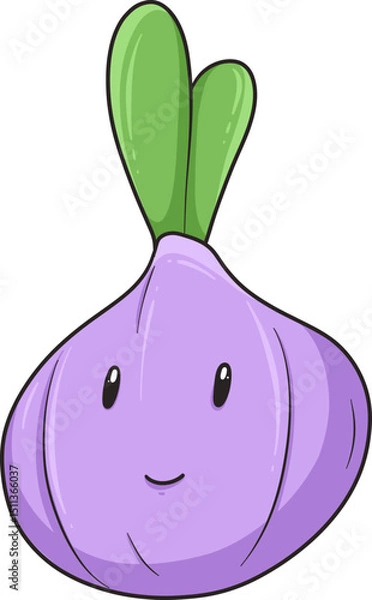 Fototapeta A friendly cartoon onion character with a smiling face and leafy green top, suitable for children's content.
