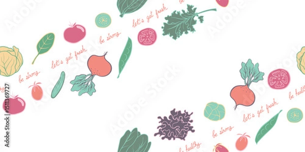 Fototapeta Seamless mixed vegetable in hand-drawn doodle illustration style with wording, fresh, strong, and healthy, pastel colorful on a white background. Veggie Time! Series.