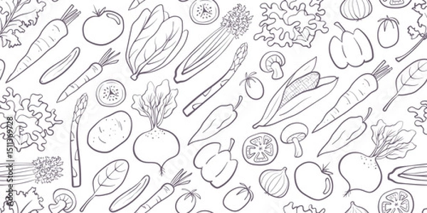 Fototapeta Seamless mixed vegetable pattern in hand-drawn doodle illustration style, purple outline on a white background. Veggie Time! Series.