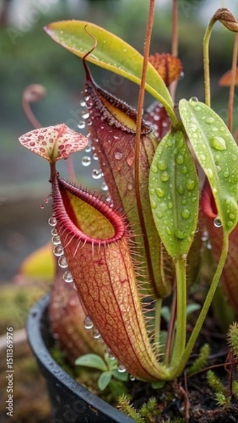 Obraz Macro Shot of Glossy Nepenthes Traps with Water Beads Highlighting Deadly Beauty
