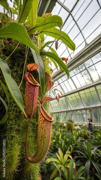 Obraz Close up of Vibrant Nepenthes Pitchers with Dew Droplets Carnivorous Detail