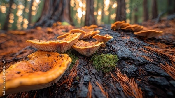 Obraz Redwood forest floor detailed view showing cinnamon-colored pine needles, moss patches on decomposing bark, tiny mushrooms with golden hour lighting creating natural texture patterns