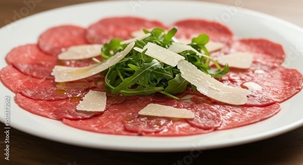 Fototapeta Beef Carpaccio Appetizer with Arugula and Cheese