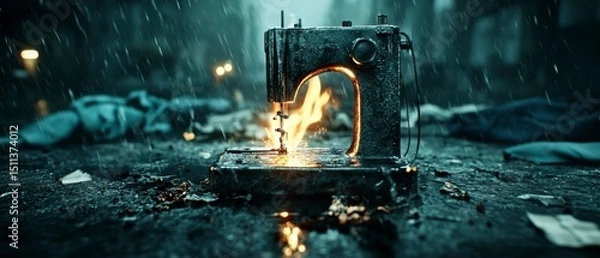 Obraz Burning Sewing Machine in the Rain A Dark, Evocative Image