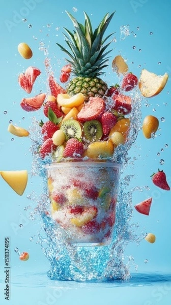 Obraz Refreshing Fruit Splash A Vibrant Blend of Pineapple, Strawberries, and More