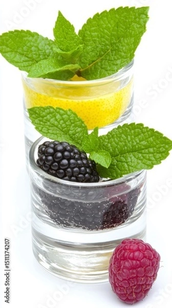 Obraz Refreshing Berry and Citrus Drinks with Mint Garnish