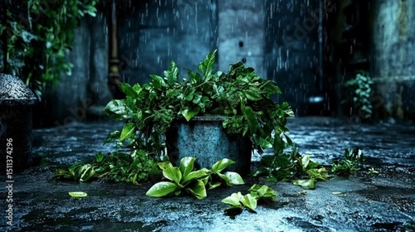 Obraz Rainy Day Plants Lush Greenery in a Dark Courtyard