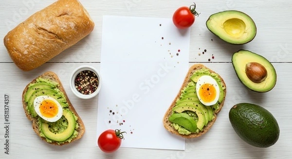 Fototapeta Avocado Toast with Egg Recipe on White Paper