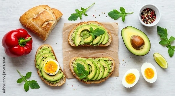 Fototapeta Avocado Toast with Egg and Vegetables