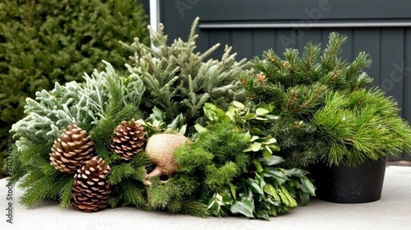 Obraz Fresh Evergreen Branches, Cones, and Greenery for Christmas Decorations