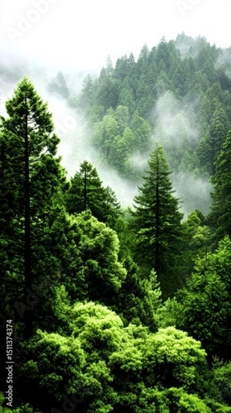 Obraz Misty Mountain Forest Lush Green Coniferous Trees in Fog