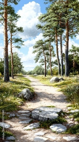 Obraz Sunlit Path Through a Pine Forest A Serene Nature Scene