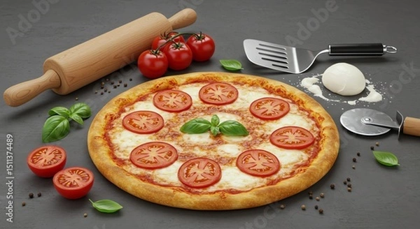 Fototapeta Pizza with Tomato and Basil Ingredients