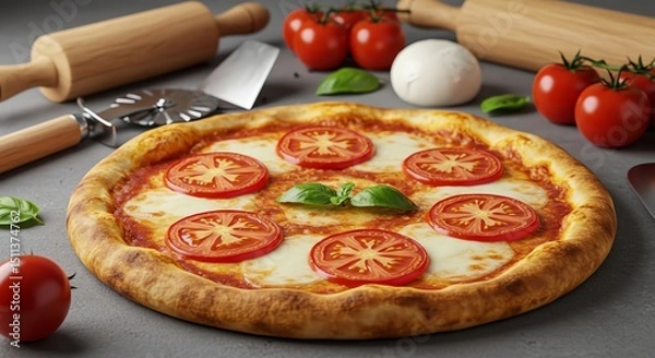 Fototapeta Tomato Pizza with Mozzarella and Basil