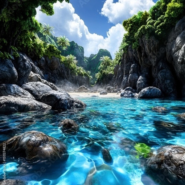 Obraz Serene Tropical Cove Crystal Clear Waters and Lush Greenery